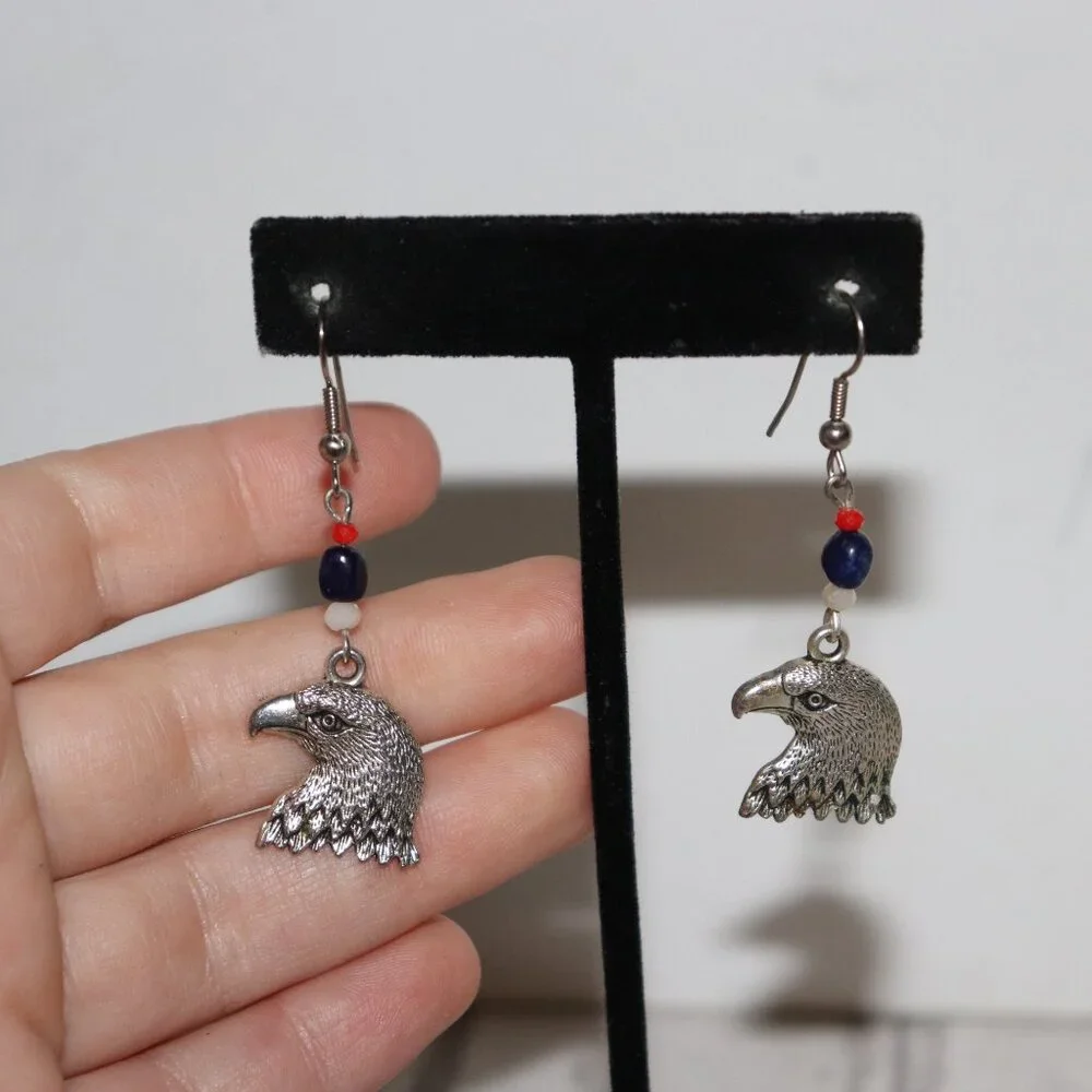 Silver Eagle & Red, White, Blue Beaded Dangle Earrings – 2.25